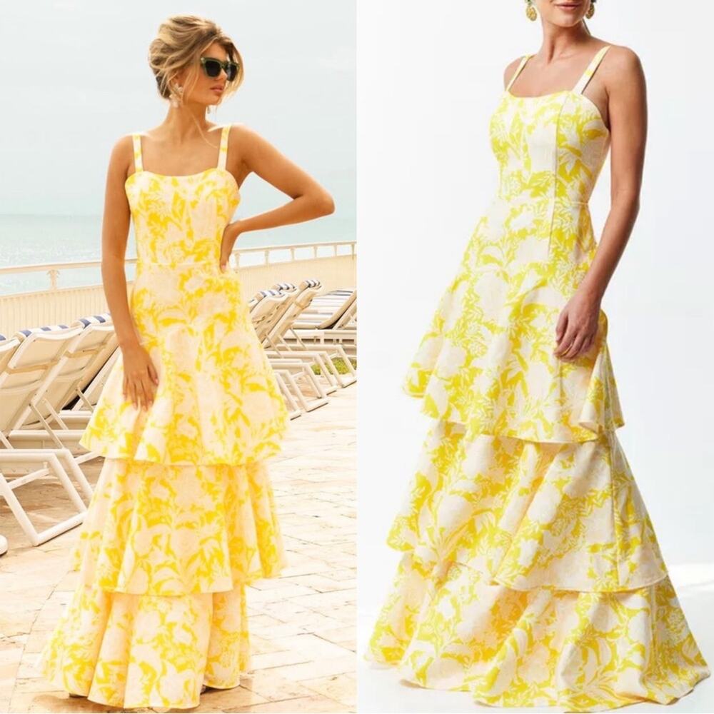 MESTIZA NEW YORK Torero Ruffled Floral Marigold Yellow Maxi Gown Size 12